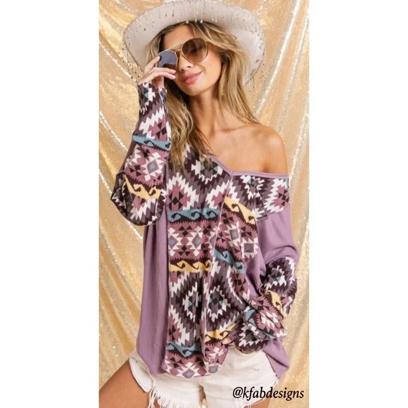 LAST 1! V Neck Mauve/Lilac Mix Aztec Print Soft Color Block Top - Picture 10 of 11